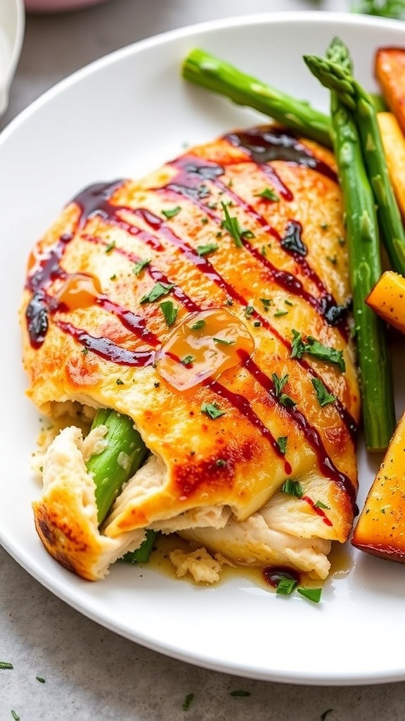 Air fryer stuffed chicken breast with asparagus and cheese, garnished with herbs on a white plate.